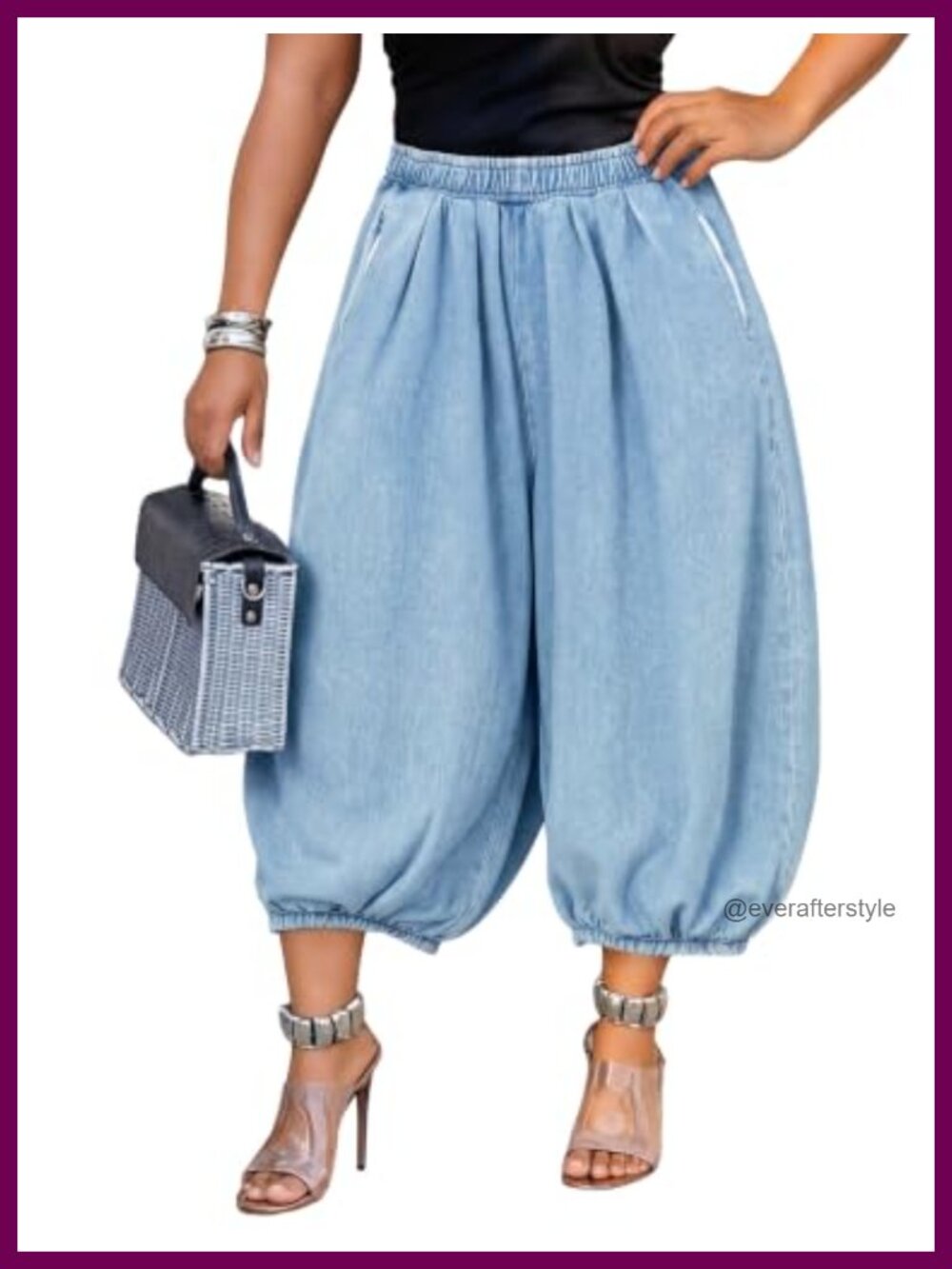 Womens Baggy Barrel Cropped Jeans Elastic Waist Loose Denim Pants